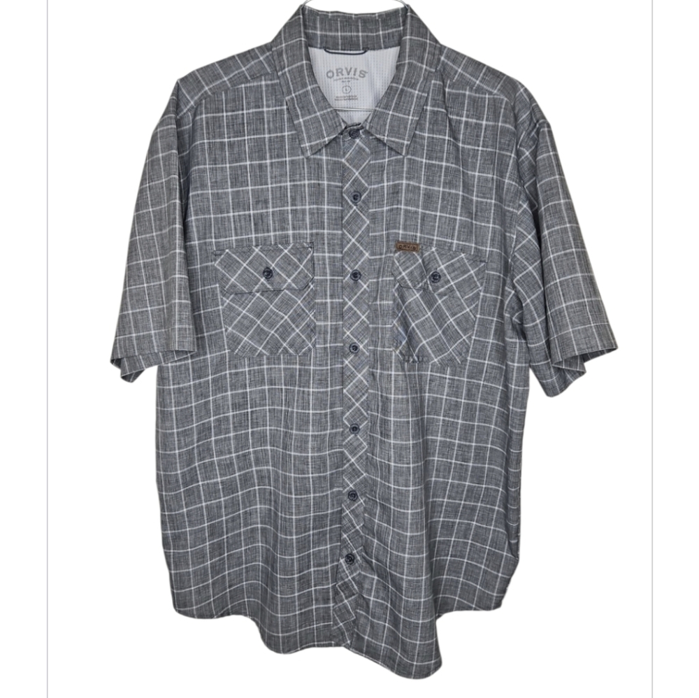 Orvis Men's Large Gray And White Windowpane Check Tech Short Sleeve Shirt